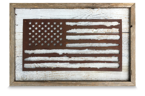 American Flag with White Wooden Frame - Rustic Metal Sign